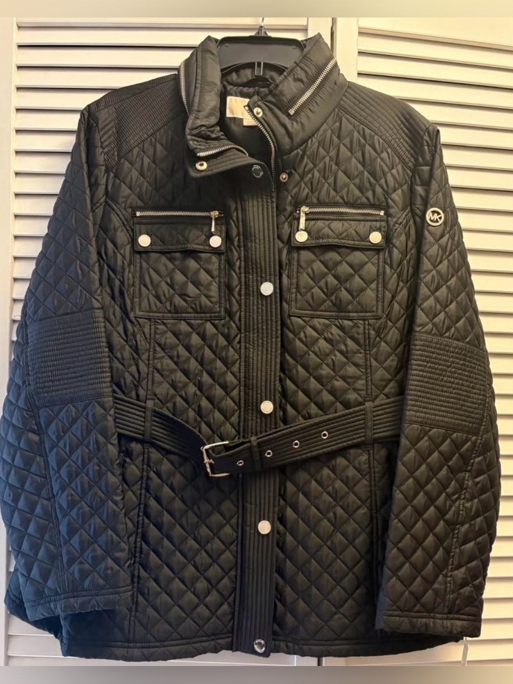 Michael Kors Black Quilted Belted Jacket with Gold Hardware